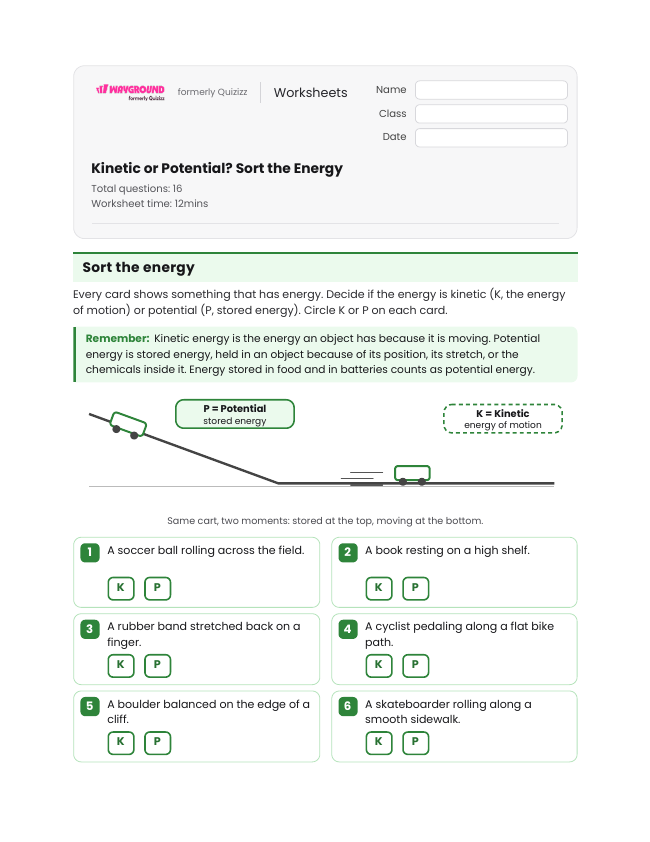 Kinetic or Potential? Sort the Energy - Printable Law-of-conservation-of-energy Worksheets Class 6 - Wayground