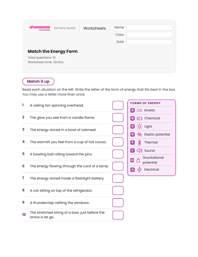 Match the Energy Form - Printable Law-of-conservation-of-energy Worksheets Class 6 - Wayground