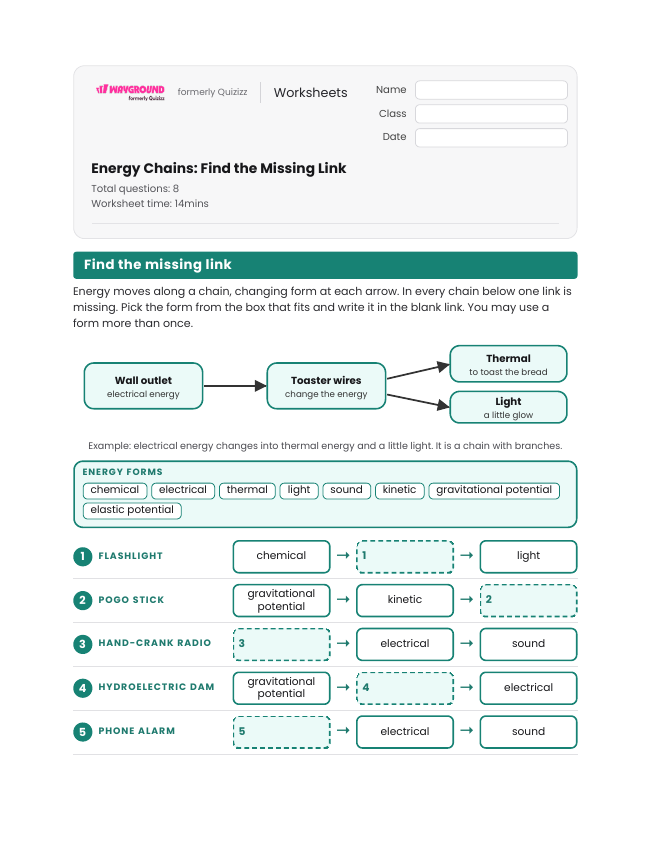 Energy Chains: Find the Missing Link - Printable Law-of-conservation-of-energy Worksheets Class 6 - Wayground