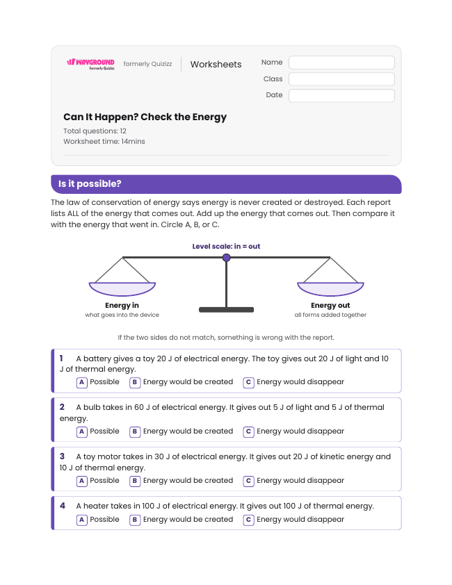 Can It Happen? Check the Energy - Printable Law-of-conservation-of-energy Worksheets Class 6 - Wayground