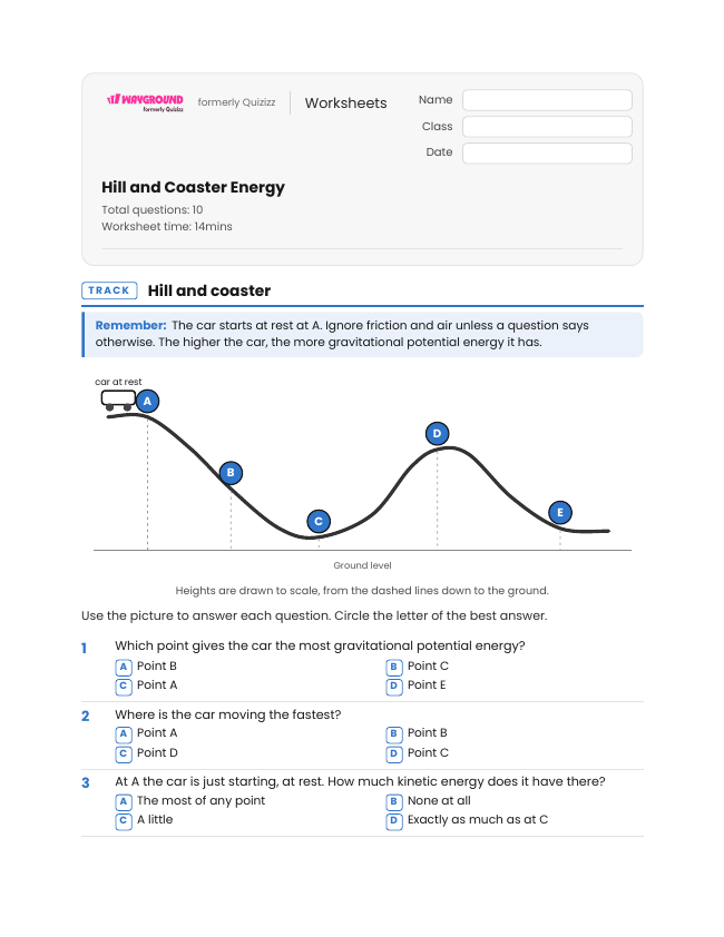 Hill and Coaster Energy - Printable Law-of-conservation-of-energy Worksheets Class 6 - Wayground