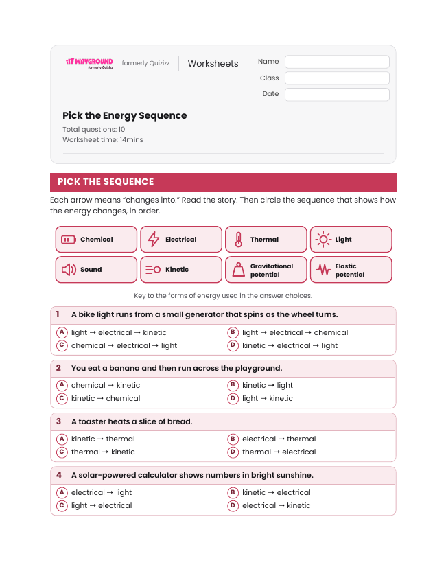 Pick the Energy Sequence - Printable Law-of-conservation-of-energy Worksheets Class 6 - Wayground