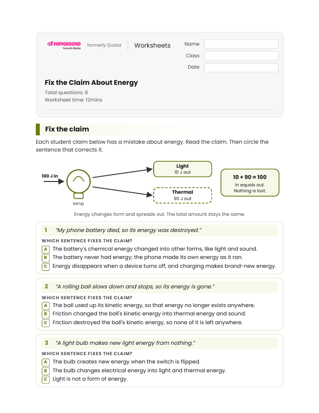 Fix the Claim About Energy - Printable Law-of-conservation-of-energy Worksheets Class 6 - Wayground