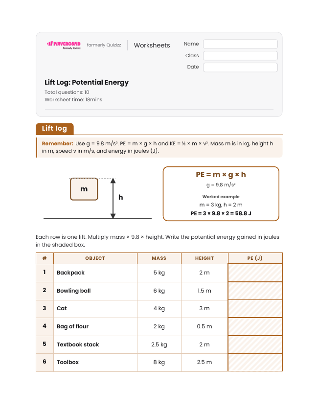 Lift Log: Potential Energy - Printable Law-of-conservation-of-energy Worksheets Class 8 - Wayground