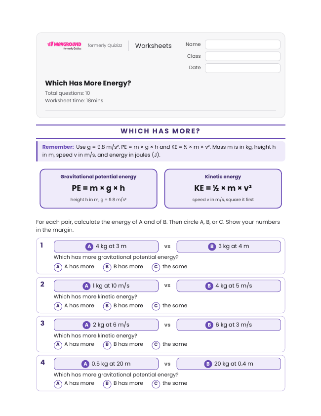 Which Has More Energy? - Printable Law-of-conservation-of-energy Worksheets Class 8 - Wayground