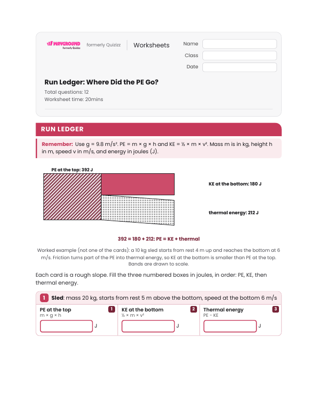 Run Ledger: Where Did the PE Go? - Printable Law-of-conservation-of-energy Worksheets Class 8 - Wayground