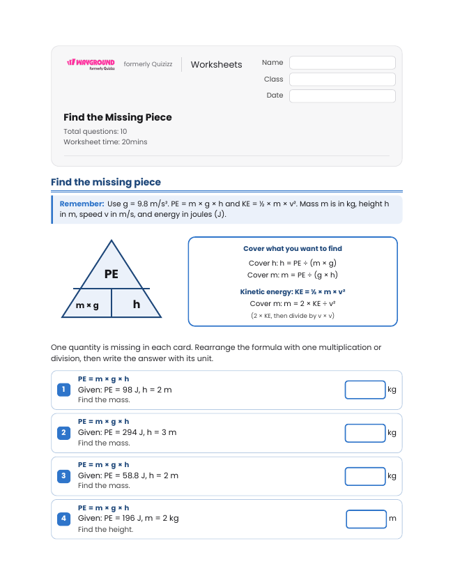 Find the Missing Piece - Printable Law-of-conservation-of-energy Worksheets Class 8 - Wayground