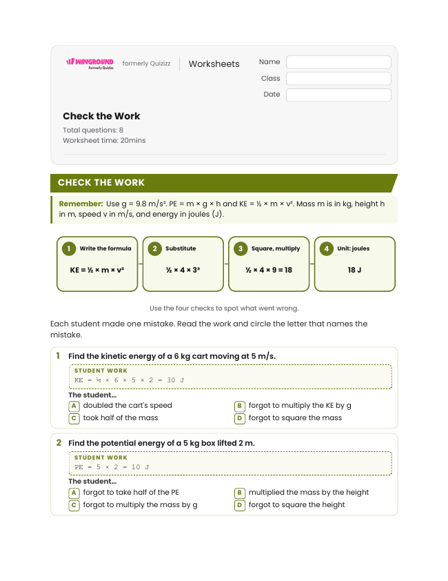 Check the Work - Printable Law-of-conservation-of-energy Worksheets Class 8 - Wayground
