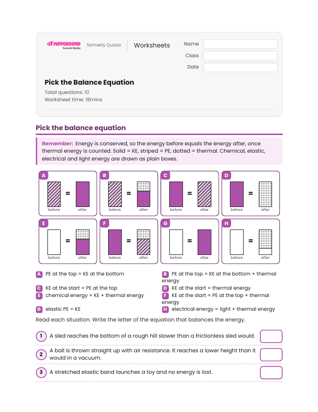Pick the Balance Equation - Printable Law-of-conservation-of-energy Worksheets Class 8 - Wayground