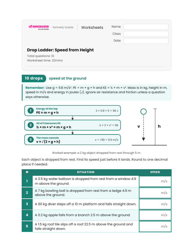 Drop Ladder: Speed from Height - Printable Law-of-conservation-of-energy Worksheets Class 9 - Wayground
