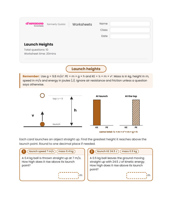 Launch Heights - Printable Law-of-conservation-of-energy Worksheets Class 9 - Wayground