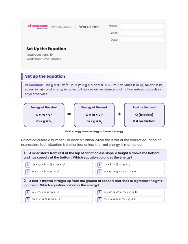 Set Up the Equation - Printable Law-of-conservation-of-energy Worksheets Class 9 - Wayground