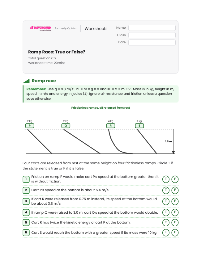 Ramp Race: True or False? - Printable Law-of-conservation-of-energy Worksheets Class 9 - Wayground