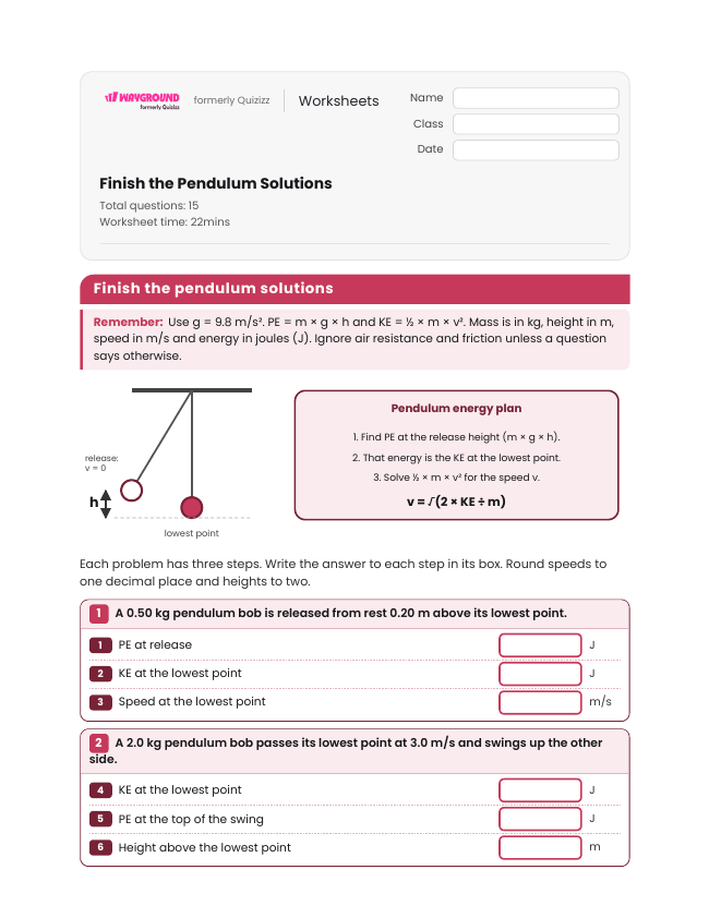 Finish the Pendulum Solutions - Printable Law-of-conservation-of-energy Worksheets Class 9 - Wayground