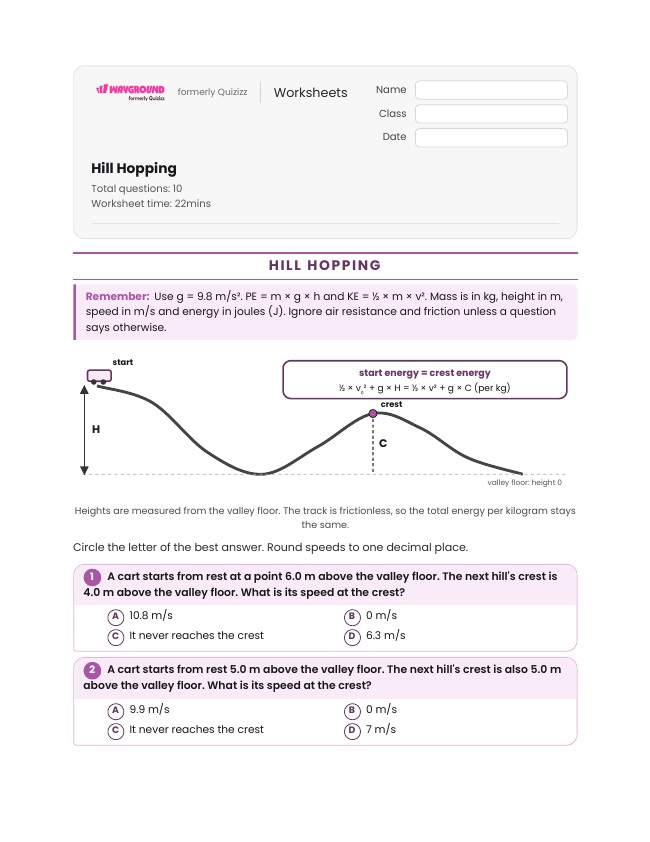 Hill Hopping - Printable Law-of-conservation-of-energy Worksheets Class 9 - Wayground