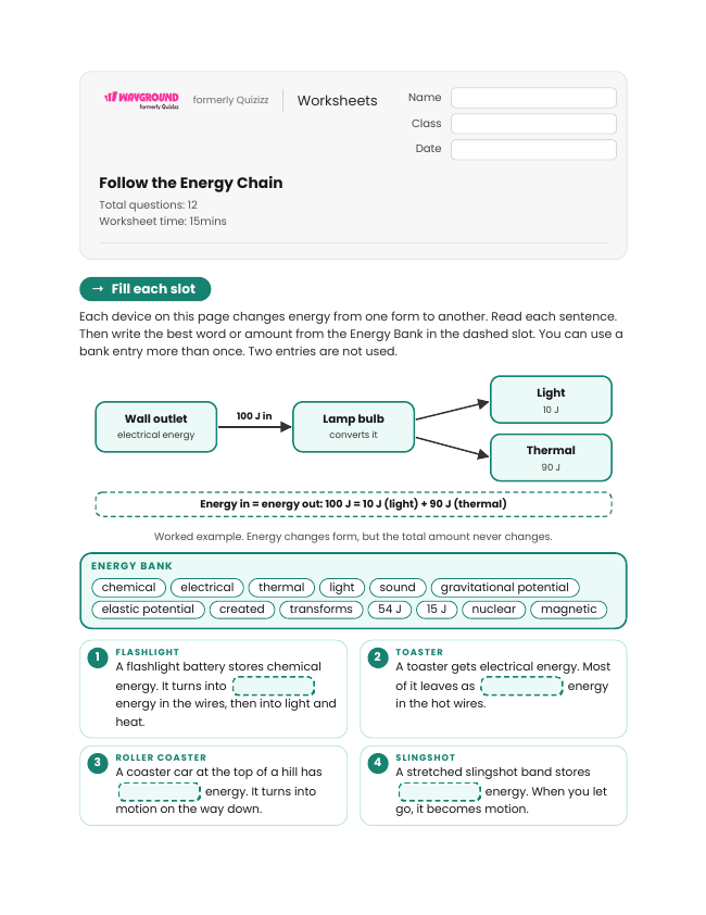 Follow the Energy Chain - Printable Law-of-conservation-of-energy Worksheets - Wayground