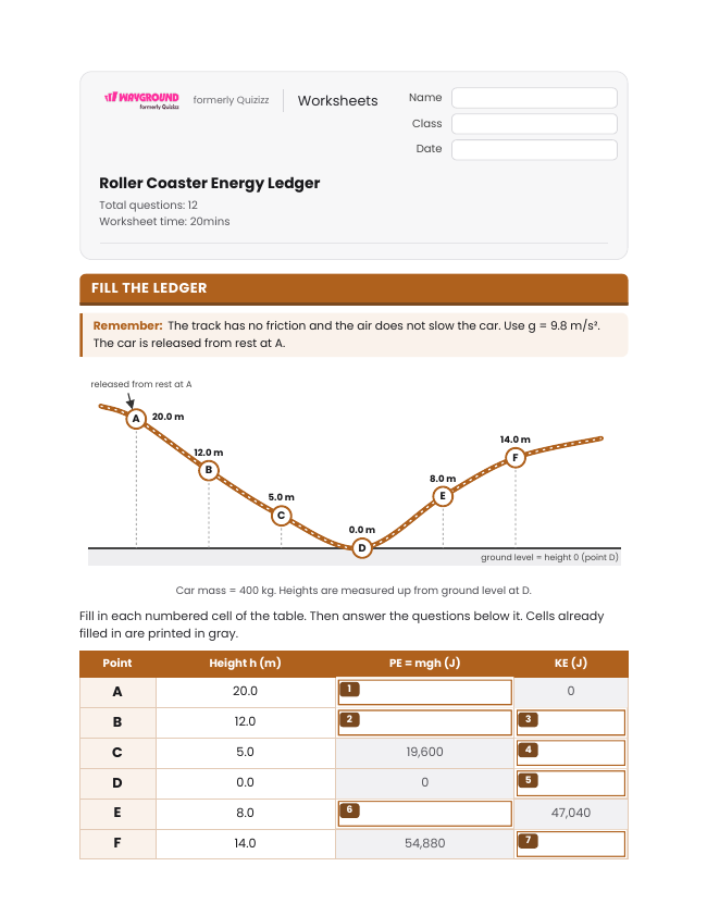 Roller Coaster Energy Ledger - Printable Law-of-conservation-of-energy Worksheets - Wayground