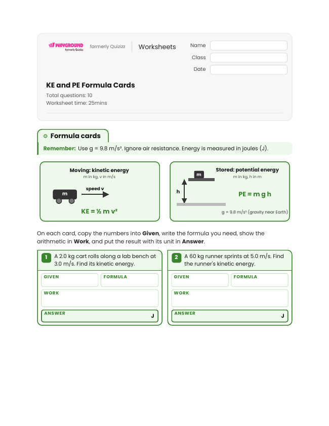 KE and PE Formula Cards - Dapat dicetak Hukum-kekekalan-energi Lembar-kerja - Wayground