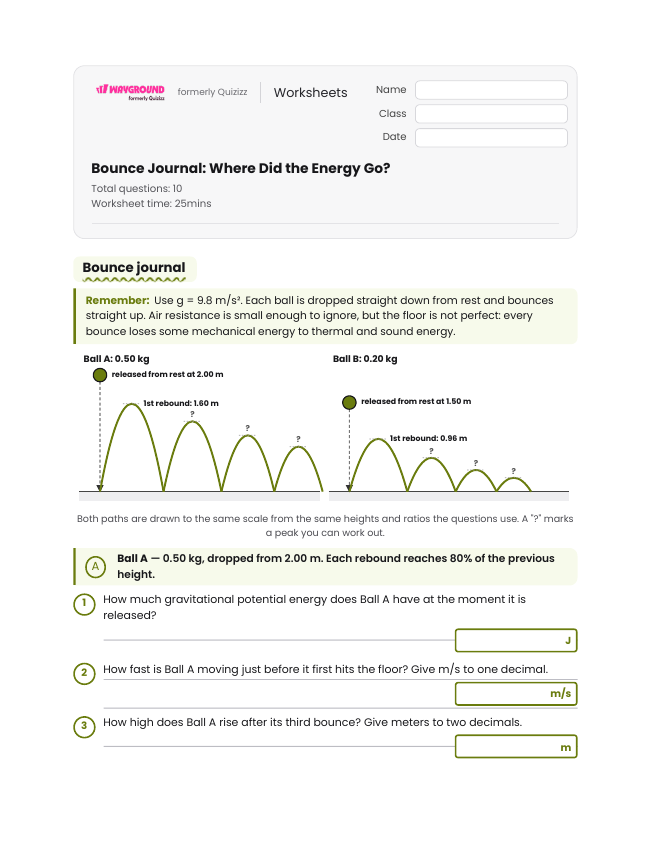 Bounce Journal: Where Did the Energy Go? - Dapat dicetak Hukum-kekekalan-energi Lembar-kerja - Wayground