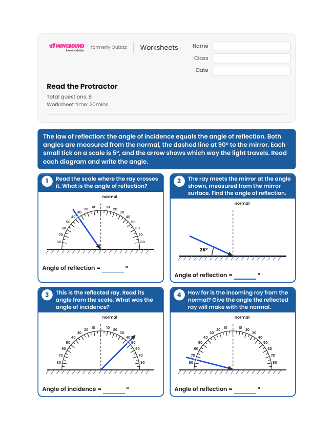 Read the Protractor - Imprimível Energia-luminosa Fichas-de-trabalho Série 6 - Wayground