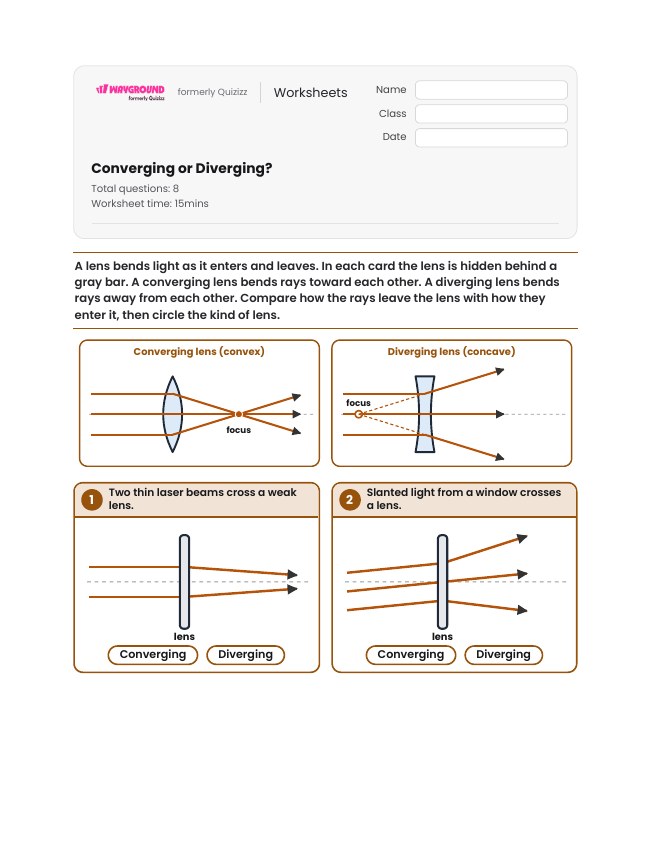 Converging or Diverging? - Imprimible Energía-de-la-luz Hojas-de-trabajo Grado 7 - Wayground
