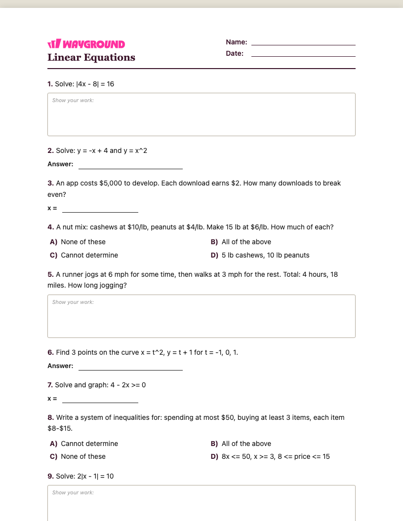 Linear Equations Worksheet - Imprimível Equações-lineares Fichas-de-trabalho Série 10 - Quizizz