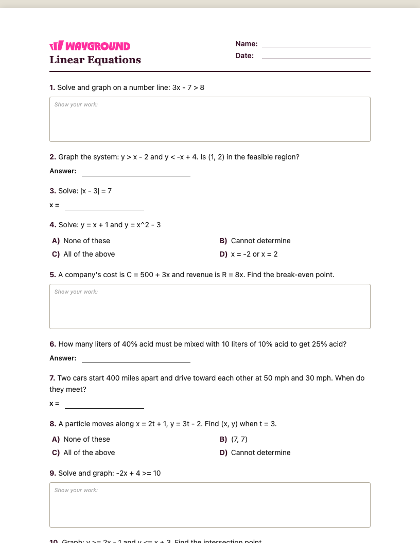 Linear Equations Worksheet - Có thể in Phương-trình-tuyến-tính Phiếu-bài-tập - Quizizz