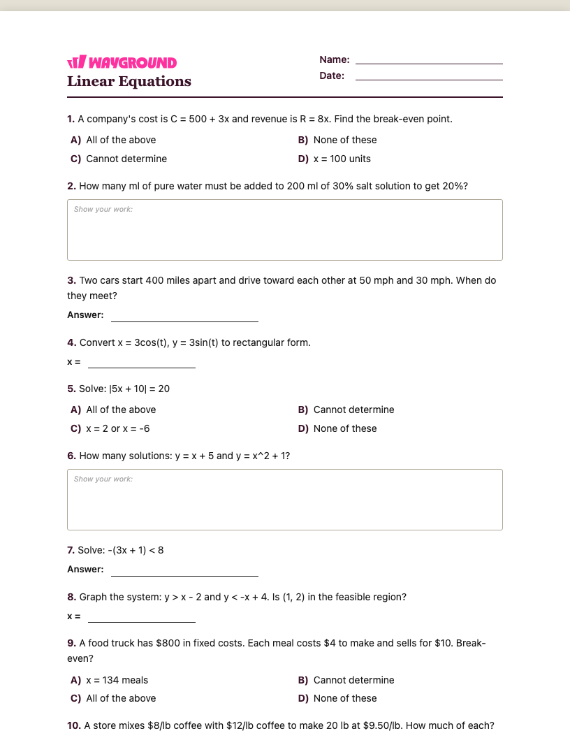 Linear Equations Worksheet - Imprimível Equações-lineares Fichas-de-trabalho Série 10 - Quizizz