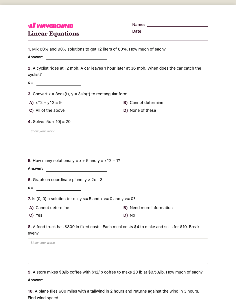 Linear Equations Worksheet - Imprimível Equações-lineares Fichas-de-trabalho Série 10 - Quizizz