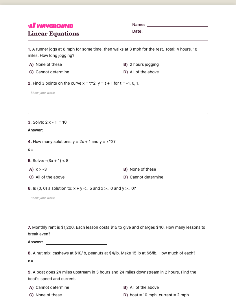 Linear Equations Worksheet - Imprimível Equações-lineares Fichas-de-trabalho Série 10 - Quizizz