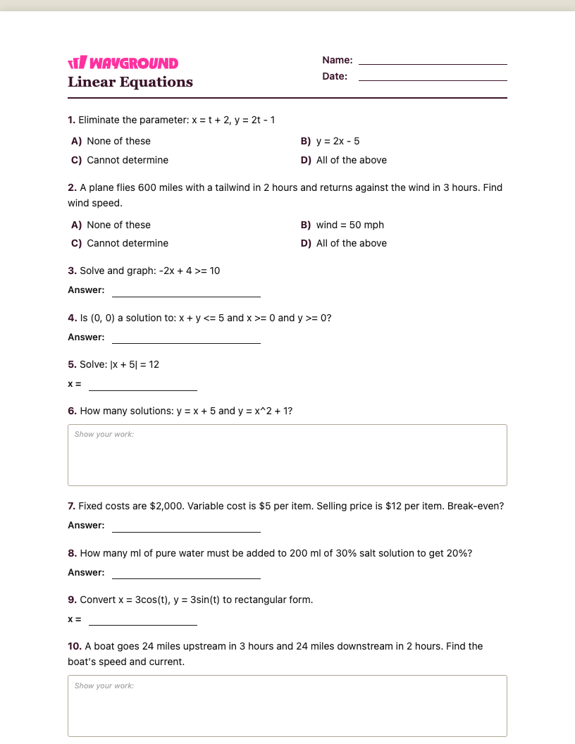 Linear Equations Worksheet - Imprimível Equações-lineares Fichas-de-trabalho Série 10 - Quizizz