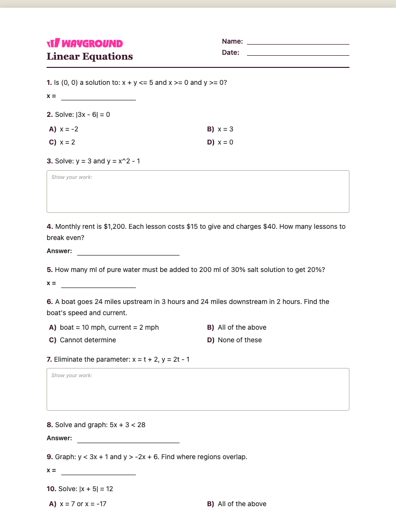 Linear Equations Worksheet - Có thể in Phương-trình-tuyến-tính Phiếu-bài-tập - Quizizz