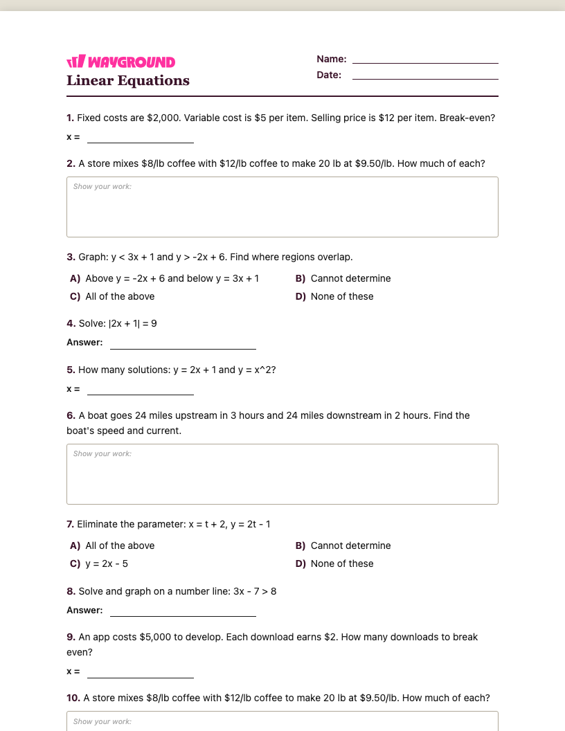 Linear Equations Worksheet - Imprimível Equações-lineares Fichas-de-trabalho Série 10 - Quizizz