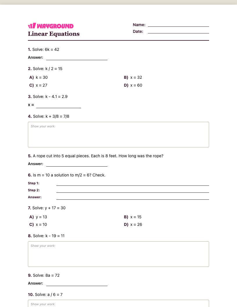 Linear Equations Worksheet - Imprimível Equações-lineares Fichas-de-trabalho Série 6 - Quizizz