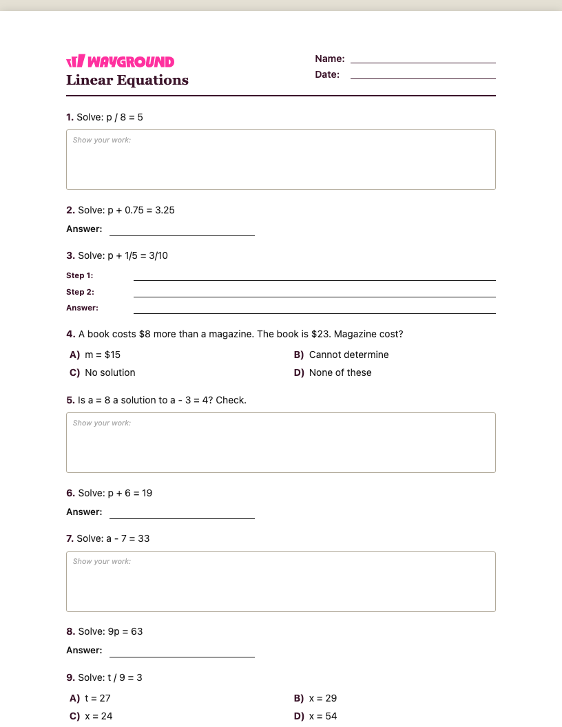 Linear Equations Worksheet - Imprimível Equações-lineares Fichas-de-trabalho Série 6 - Quizizz