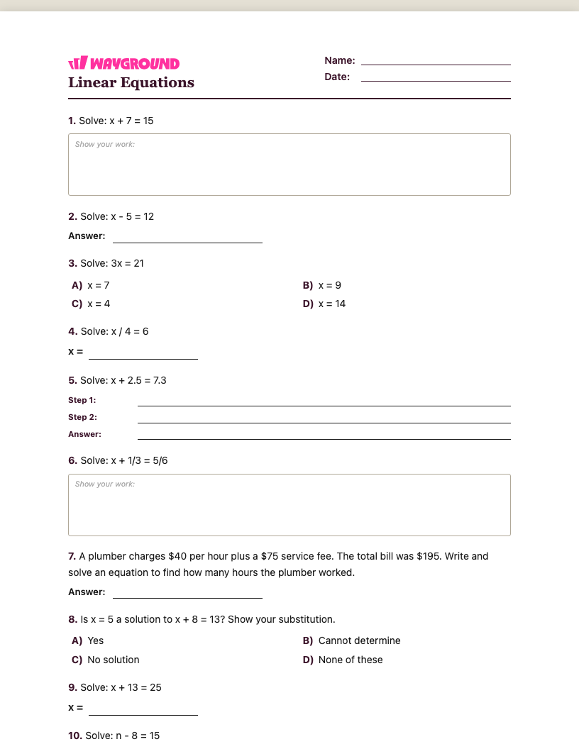 Linear Equations Worksheet - Có thể in Phương-trình-tuyến-tính Phiếu-bài-tập - Quizizz