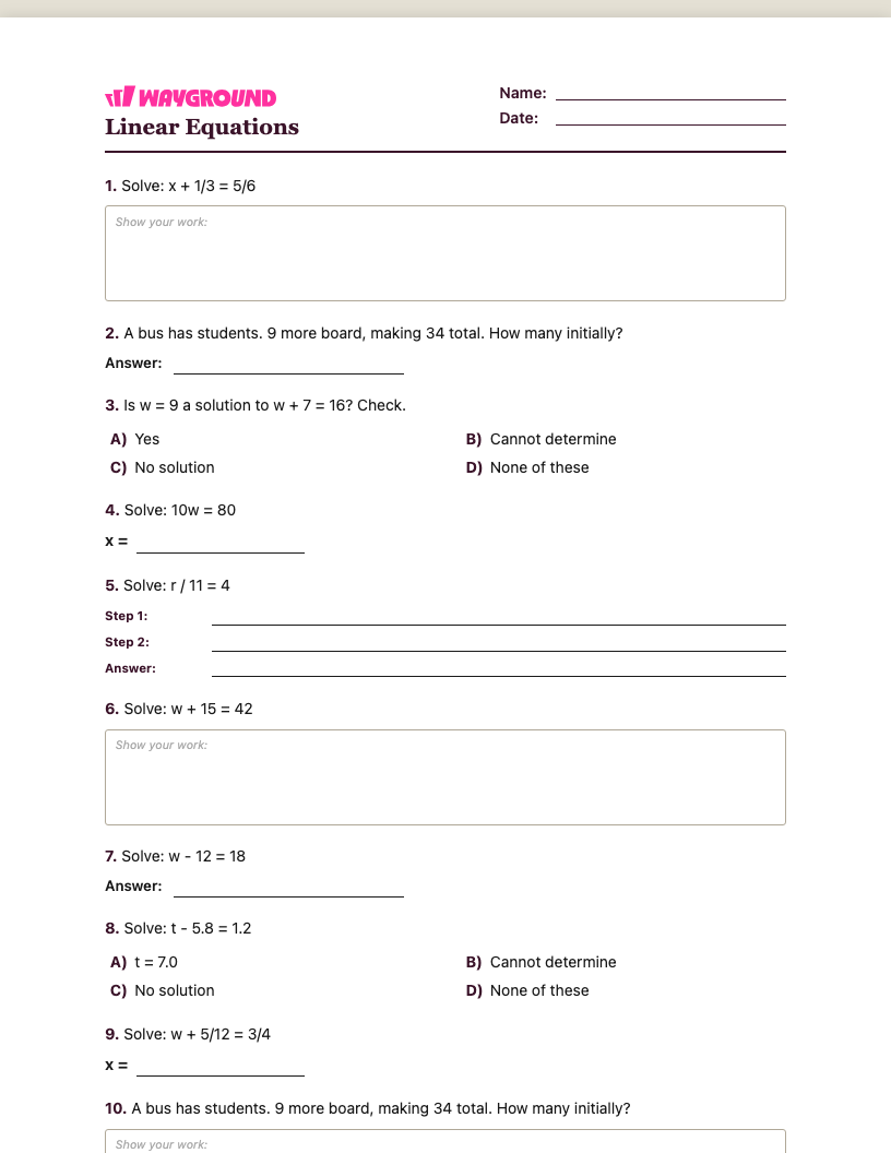 Linear Equations Worksheet - Imprimível Equações-lineares Fichas-de-trabalho Série 6 - Quizizz