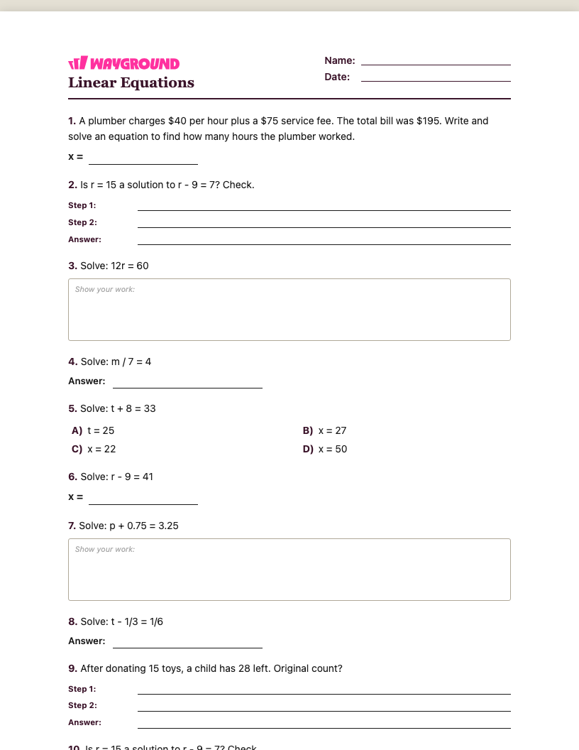 Linear Equations Worksheet - Imprimível Equações-lineares Fichas-de-trabalho Série 6 - Quizizz