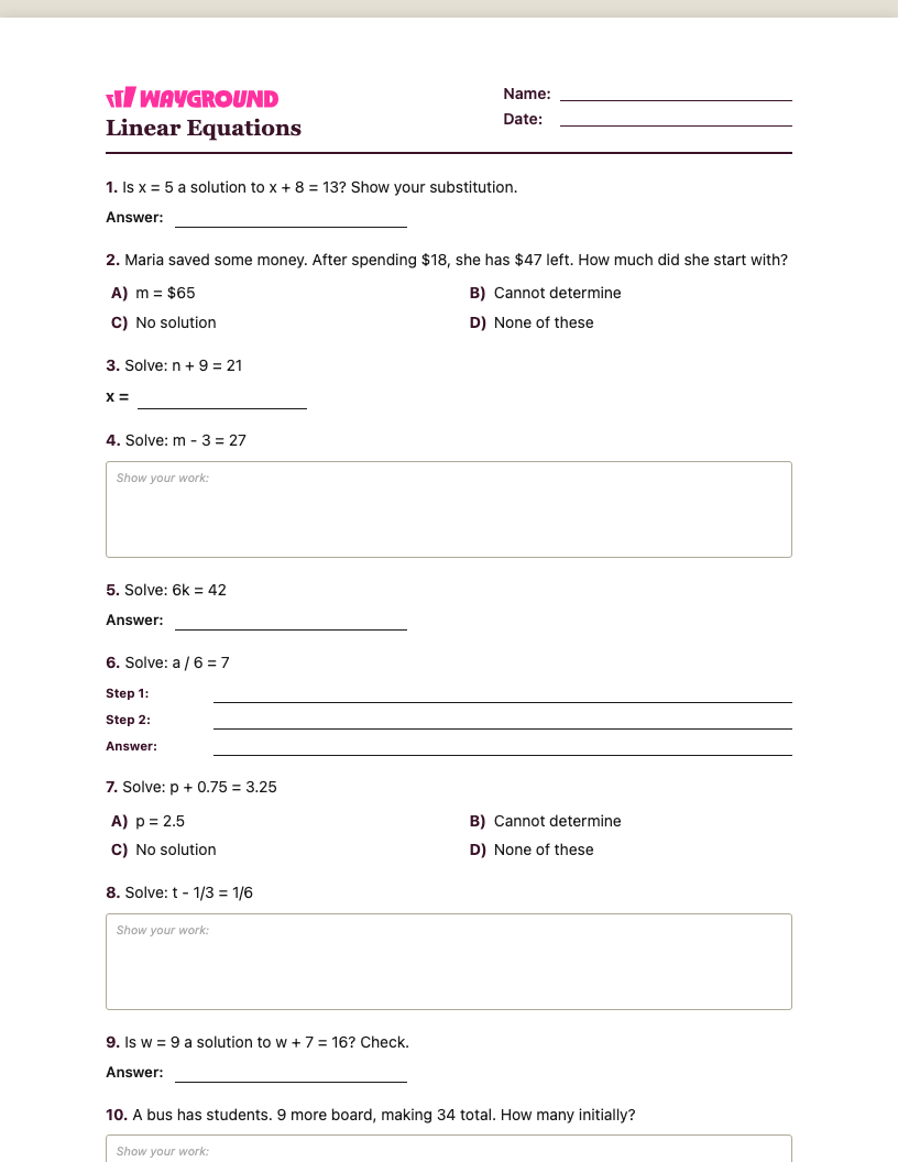 Linear Equations Worksheet - Imprimível Equações-lineares Fichas-de-trabalho Série 6 - Quizizz