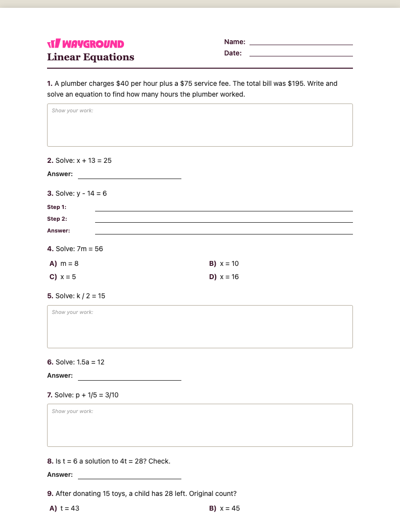 Linear Equations Worksheet - Imprimível Equações-lineares Fichas-de-trabalho Série 6 - Quizizz