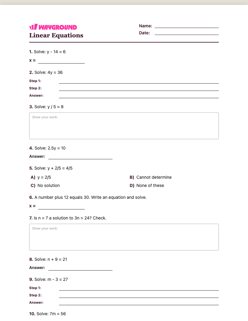 Linear Equations Worksheet - Có thể in Phương-trình-tuyến-tính Phiếu-bài-tập - Quizizz