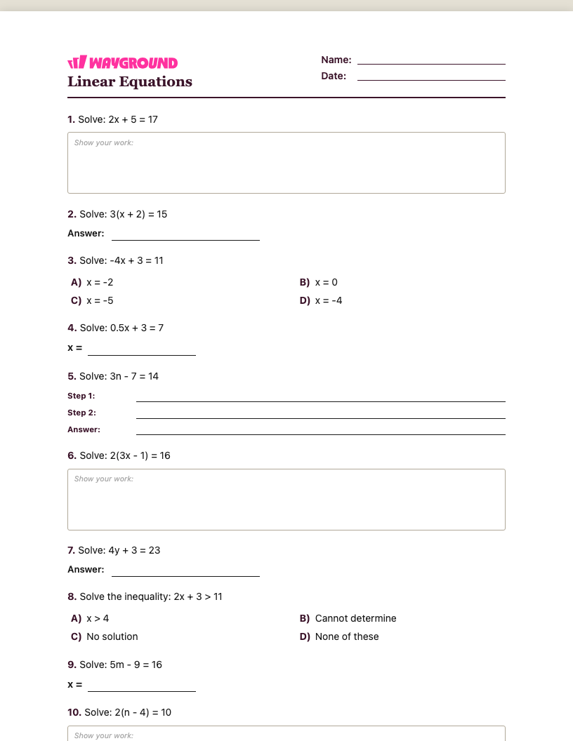Linear Equations Worksheet - Có thể in Phương-trình-tuyến-tính Phiếu-bài-tập - Quizizz