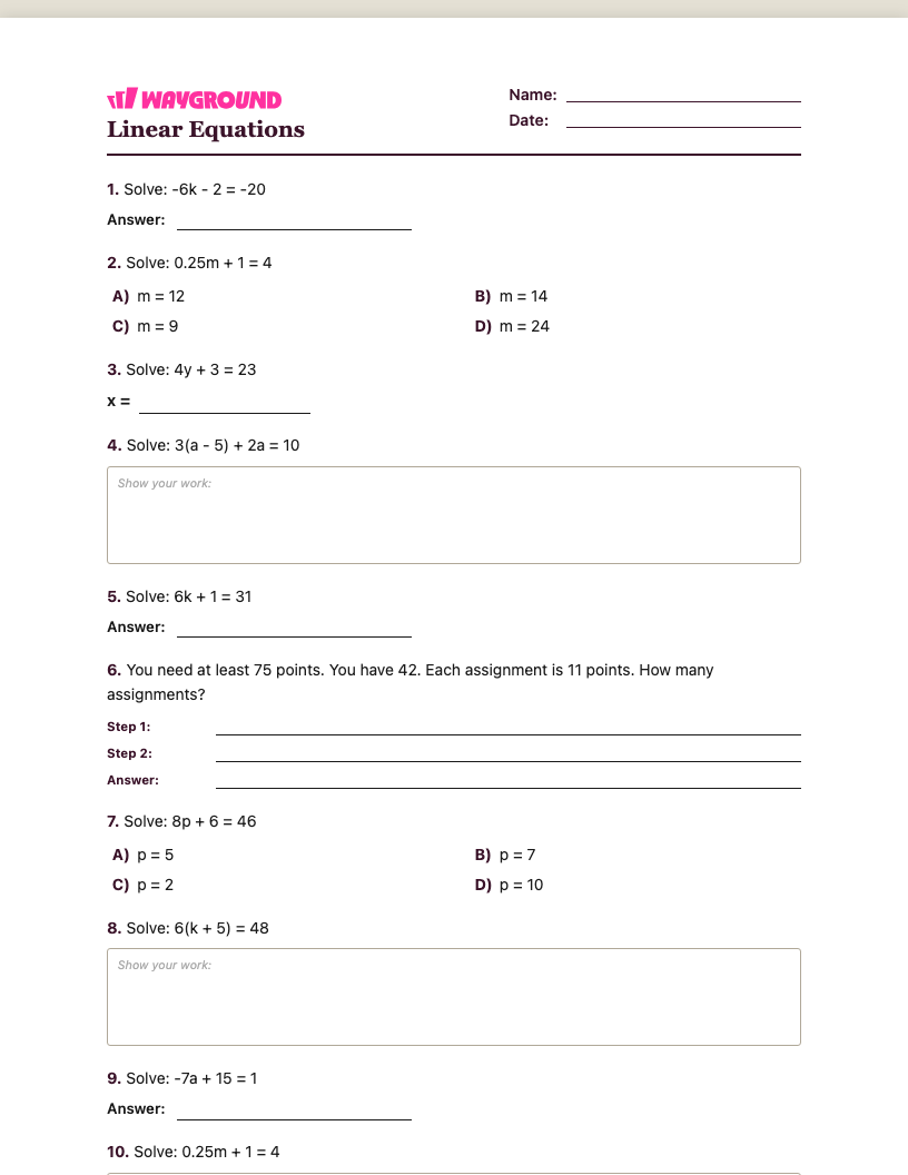 Linear Equations Worksheet - Imprimível Equações-lineares Fichas-de-trabalho Série 7 - Quizizz