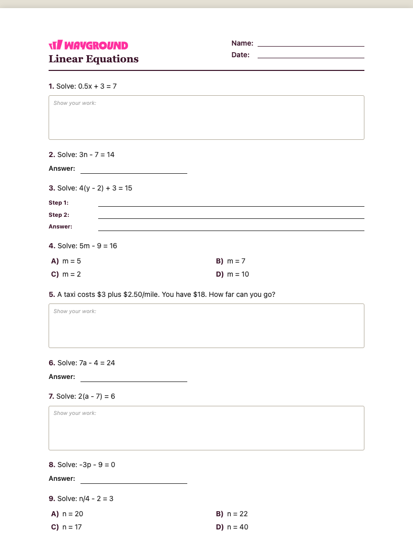Linear Equations Worksheet - Imprimível Equações-lineares Fichas-de-trabalho Série 7 - Quizizz