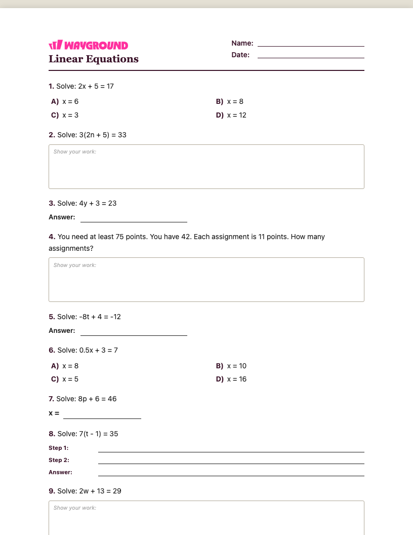 Linear Equations Worksheet - Imprimível Equações-lineares Fichas-de-trabalho Série 7 - Quizizz