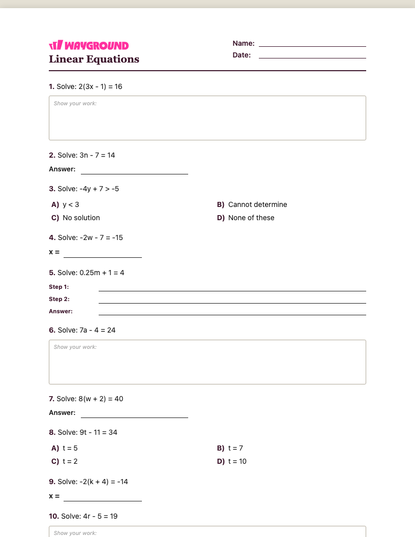 Linear Equations Worksheet - Imprimível Equações-lineares Fichas-de-trabalho Série 7 - Quizizz