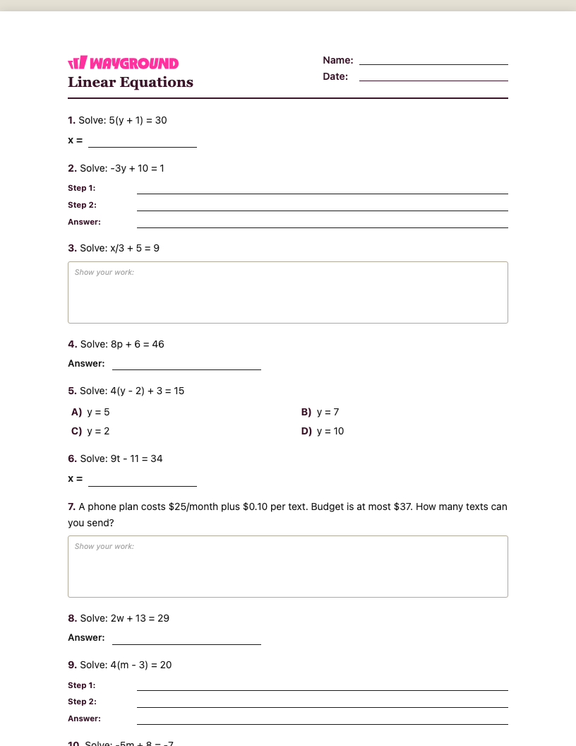 Linear Equations Worksheet - Có thể in Phương-trình-tuyến-tính Phiếu-bài-tập - Quizizz