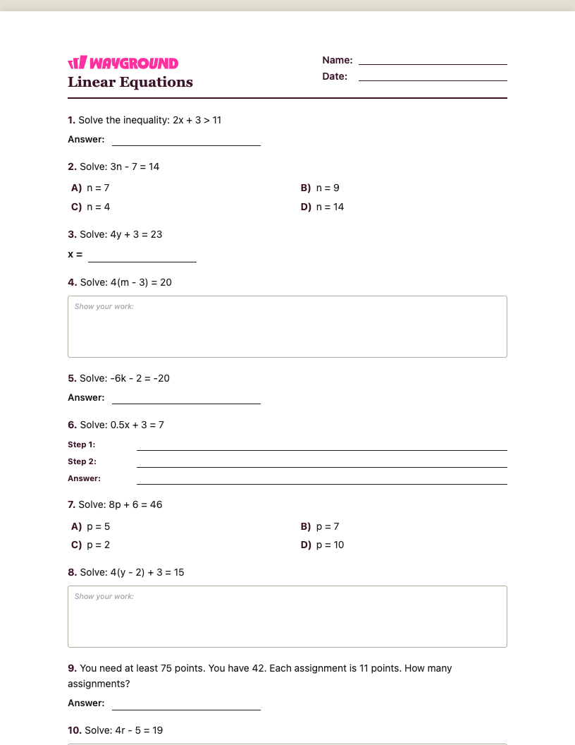 Linear Equations Worksheet - Imprimível Equações-lineares Fichas-de-trabalho Série 7 - Quizizz