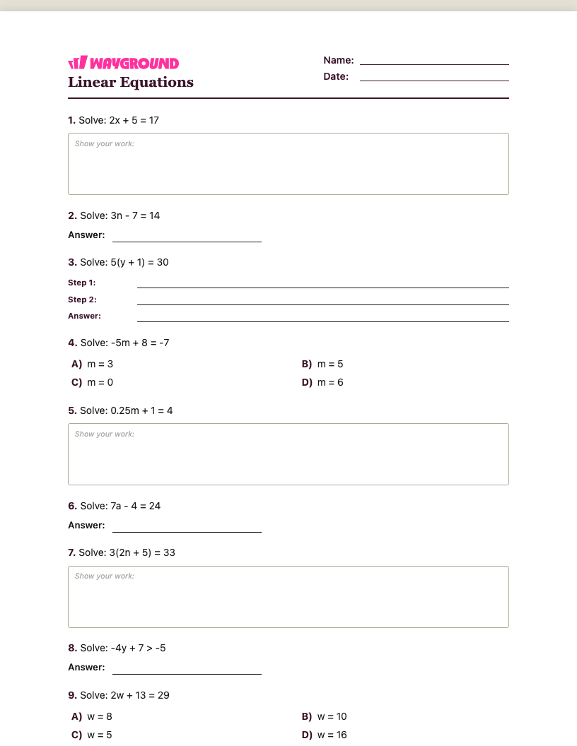 Linear Equations Worksheet - Imprimível Equações-lineares Fichas-de-trabalho Série 7 - Quizizz