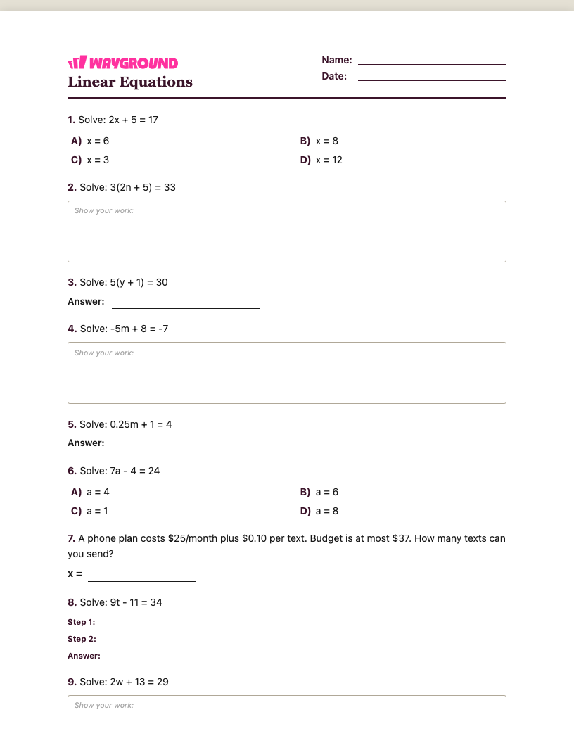 Linear Equations Worksheet - Imprimível Equações-lineares Fichas-de-trabalho Série 7 - Quizizz